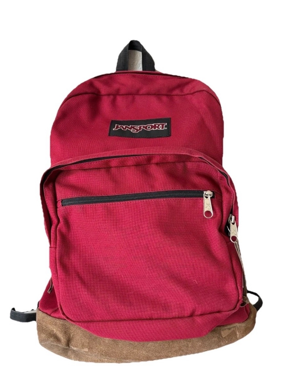 Jansport Right Pack Red Backpack Brown Suede Leather Bottom Schoolbag 17"x12"